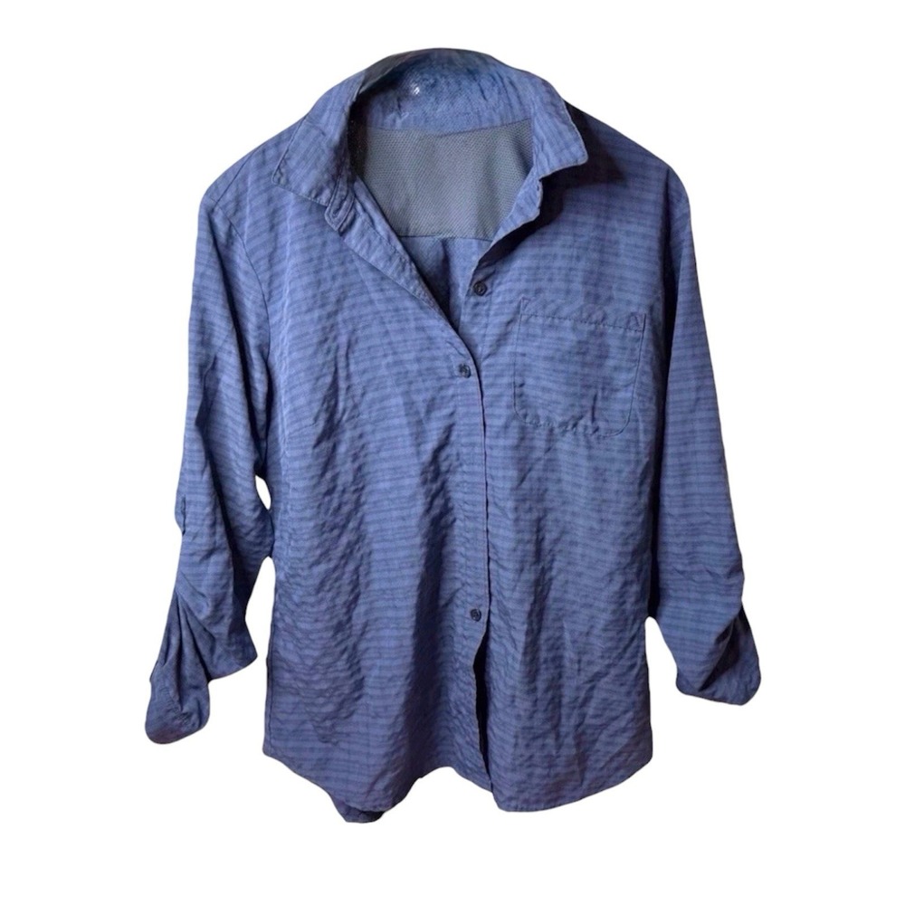 Eddie Bauer Woman's Size Large Blue Button Down Collared Shirt Roll Tab Sleeve